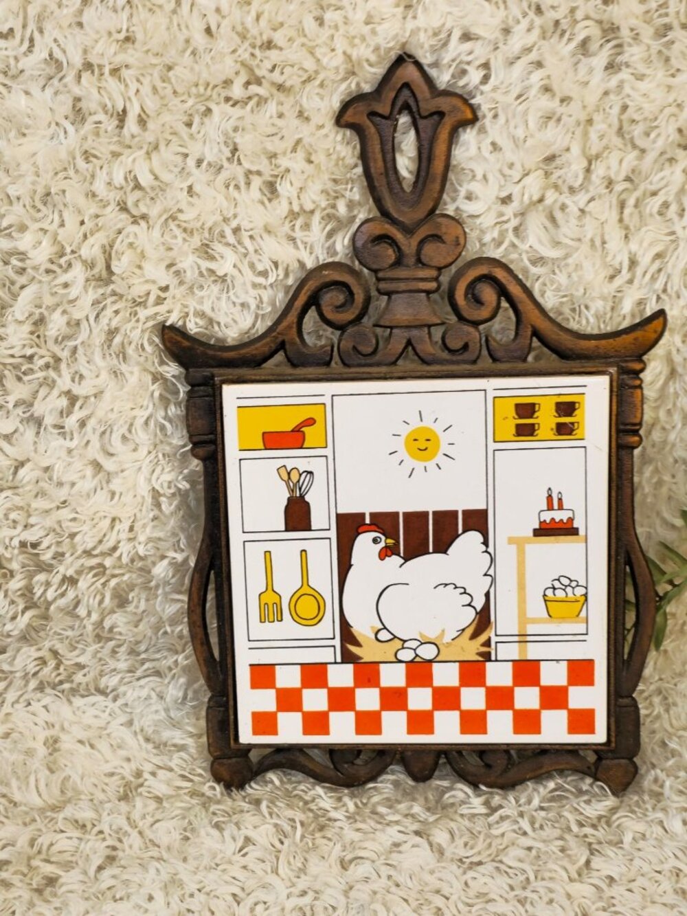 Vintage Cast Iron Trivet With Rooster & Kitchen Scene Design Decorative Wall Han